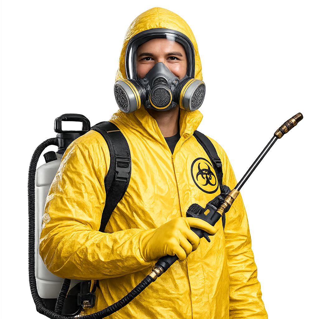 Técnico de fumigación con equipamiento profesional